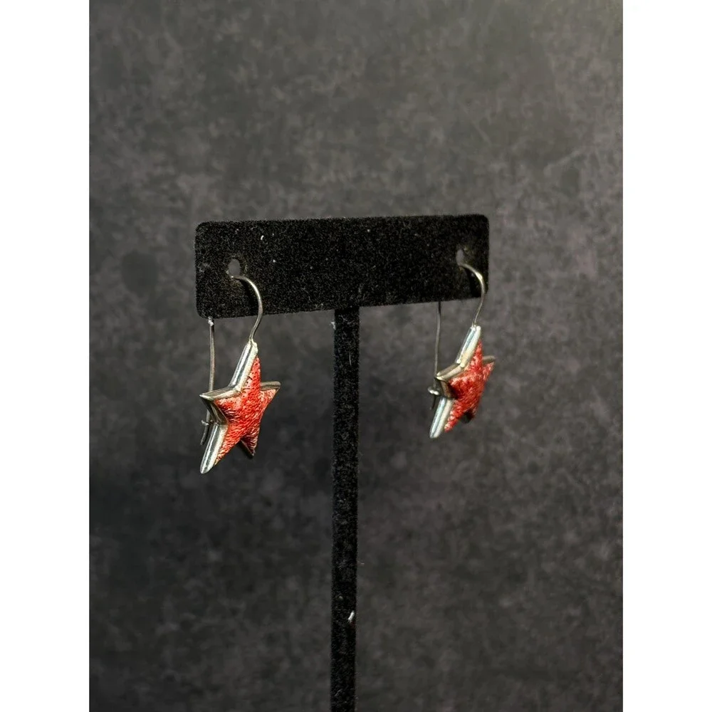 Vintage Devine 925 Sterling Silver Coral Star Dangle Earrings